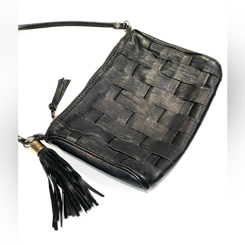 Black Topshop Real Leather Basket Weave Crossbody/Shoulder Bag/Purse with Tassel - Picture 2 of 11